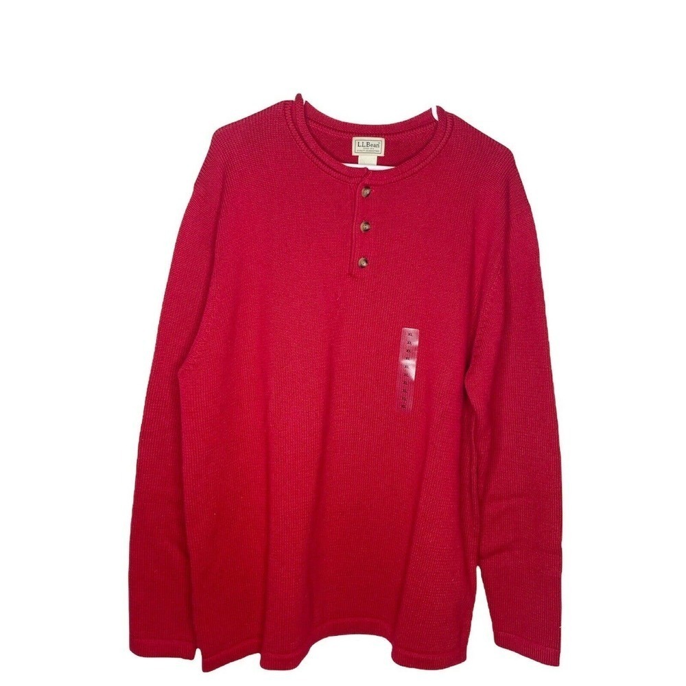 LL Bean Mens X Large Tall Double Henley Pullover Knit Sweater Red Cotton